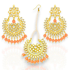 EL ARO Gold Kundan Chandbali Earrings & Maang Tikka Set with Ruby pink Bead Drops