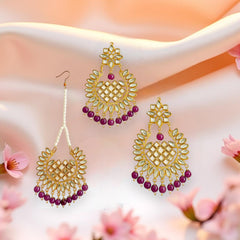 EL ARO Gold Kundan Chandbali Earrings & Maang Tikka Set with Ruby pink Bead Drops