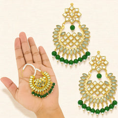 EL ARO Gold Kundan Chandbali Earrings & Maang Tikka Set with Ruby pink Bead Drops