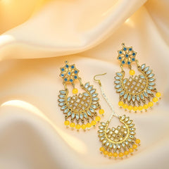 EL ARO Gold Kundan Chandbali Earrings & Maang Tikka Set with Ruby pink Bead Drops