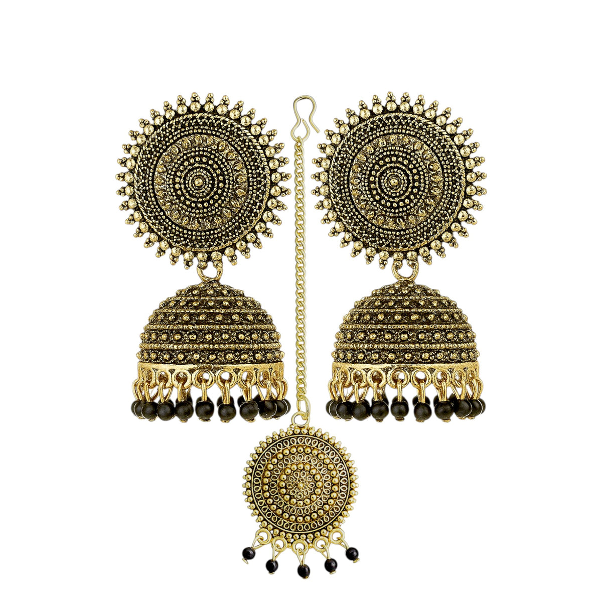 EL ARO Vintage Antique Gold Starburst Jhumka Earrings with Black Beads