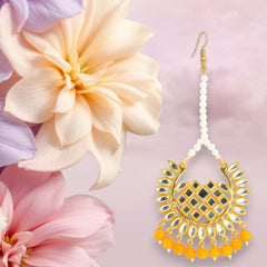 EL ARO Gold Kundan Chandbali Earrings & Maang Tikka Set with Ruby pink Bead Drops