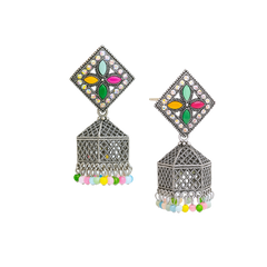 EL ARO Oxidised Silver Diamond-Top Jhumka Earrings with Multicolour Enamel & Bead Drops
