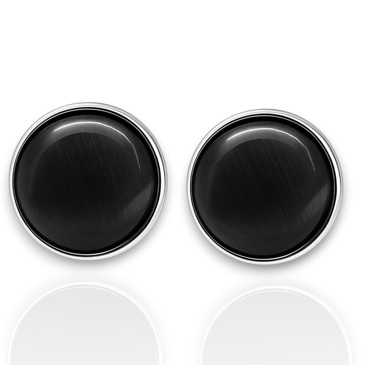 EL ARO Black Onyx Round Button Stud Earrings — Silver Bezel Setting