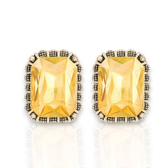 EL ARO Vintage Silver Emerald-Cut Green Crystal Stud Earrings with Marcasite Border