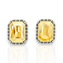 EL ARO Vintage Silver Emerald-Cut Green Crystal Stud Earrings with Marcasite Border