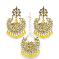 EL ARO Gold Kundan Chandbali Earrings & Maang Tikka Set with Ruby pink Bead Drops