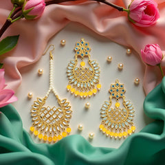 EL ARO Gold Kundan Chandbali Earrings & Maang Tikka Set with Ruby pink Bead Drops